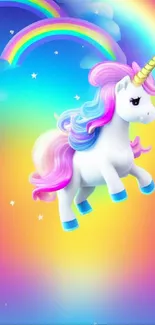 A vibrant unicorn and rainbow mobile wallpaper with a magical sky.