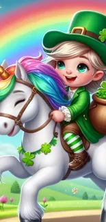 Leprechaun on unicorn with rainbow background.