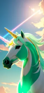 Majestic unicorn with glowing horns under a dynamic, colorful sky.