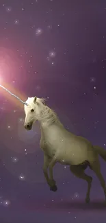 Unicorn with glowing horn on a starry purple background