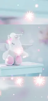 Magical unicorn soft toy on a light blue background with dreamy lights.