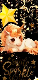 Cute unicorn with sparkling stars on a magical black background.