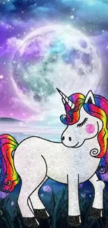 Unicorn with rainbow mane under a full moon on a starry night.