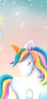 Magical unicorn with colorful mane and dreamy background.