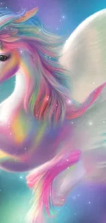 Magical unicorn with rainbow wings on a vibrant fantasy background.