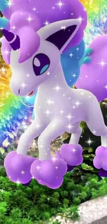 Magical unicorn with rainbow background and sparkles.