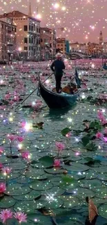 Venetian canal at night with stars and gondola.