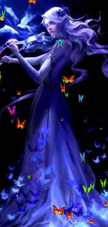 Fantasy violinist with glowing blue butterflies in a mystical setting.