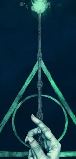 A hand holding a magical wand with mystical green symbols on a dark teal background.