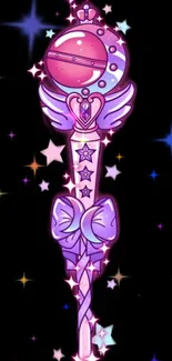 Magical wand with stars and purple glow on a black background.