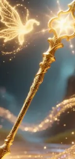 A golden wand with a glowing fairy in a mystical setting.