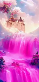 Enchanting pink waterfall in a mystical fantasy landscape with moonlit sky.