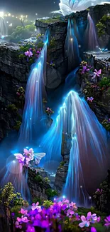 Ethereal fantasy scene with waterfalls and vibrant flowers.