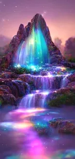 Fantasy waterfall glowing in vibrant colors at sunset.