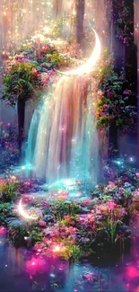 Mystical fantasy waterfall with glowing crescent moons and flowers.