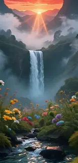 Surreal sunset over a waterfall with vibrant flowers in a mystical landscape.