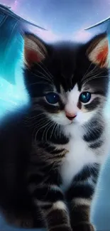 Fantasy kitten with wings in a magical blue sky.