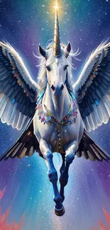 Majestic unicorn with wings and a starry background.