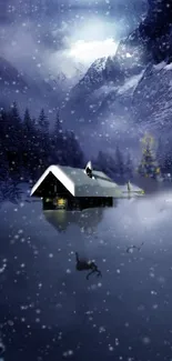 Snowy winter cabin surrounded by trees and mountains at night.