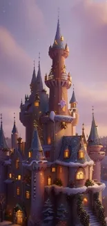 Magical winter castle illustration with snow and soft lighting.