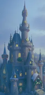 Enchanting winter castle with snow and lights in a fantasy setting.