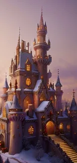 Snow-covered magical castle at dusk with glowing lights.