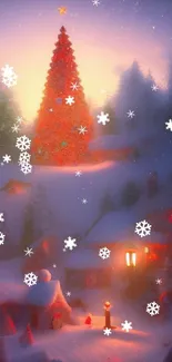 Magical Christmas tree in snowy village at night.