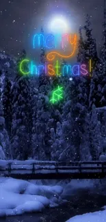 Mobile wallpaper with neon Christmas greeting over snowy forest.