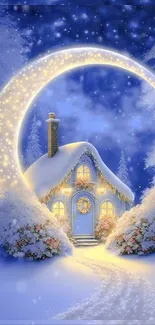 Moonlit snowy cottage in winter scene.