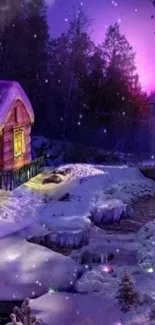 Magical winter cottage with snow and a purple sky.