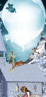 Fantasy winter scene with fairies and snowy mountains.