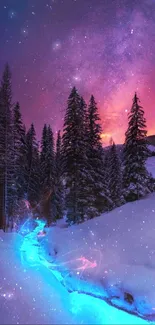 Magical winter forest with glowing stream under a colorful starry sky.