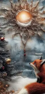 A curious fox in a magical winter scene with glowing sun and festive decor.