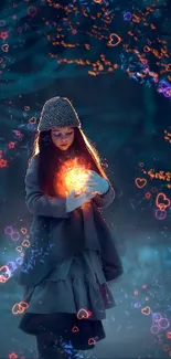 Young girl in winter forest holding a glowing orb with mystical blue and orange tones.