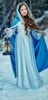 Young girl in blue cloak with lantern in snowy forest.