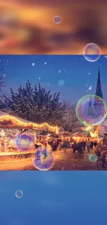 Nighttime winter market with lights and bubbles.