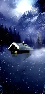 Snowy cabin under a starry winter night sky with mountains.