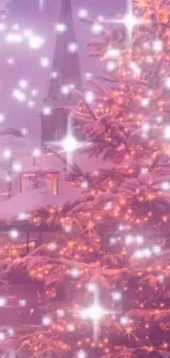 Snowy Christmas scene with lit tree and twinkling lights.