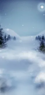 Magical winter night scene with moon and snow-covered trees.