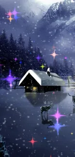 Magical winter night with snowy cabin and colorful star lights.