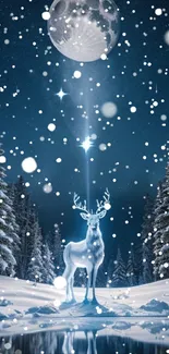 Glowing deer in a snowy, starry forest scene at night.