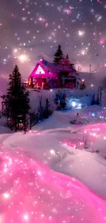 Cozy cabin in a glowing pink winter landscape with sparkling snow.