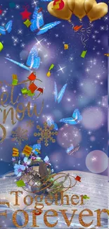 Blue butterfly winter wallpaper with gold text and festive balloons.