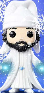 Magical pop art figure with snowy aura on blue background.