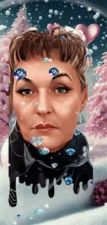 Surreal winter-themed portrait in a pink snow globe with snowy trees.