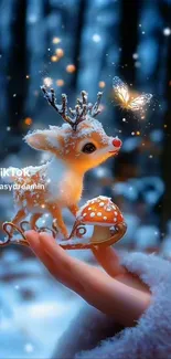 Magical winter reindeer fantasy with glowing butterfly.