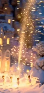 Enchanting winter scene with fireworks and snow-covered buildings.
