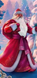 Festive figure in red with snowy background and animals.