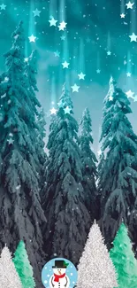 Winter forest with snowflakes and glowing stars under a teal sky.