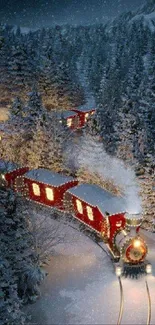 Snowy train journey through winter forest with glowing lights.